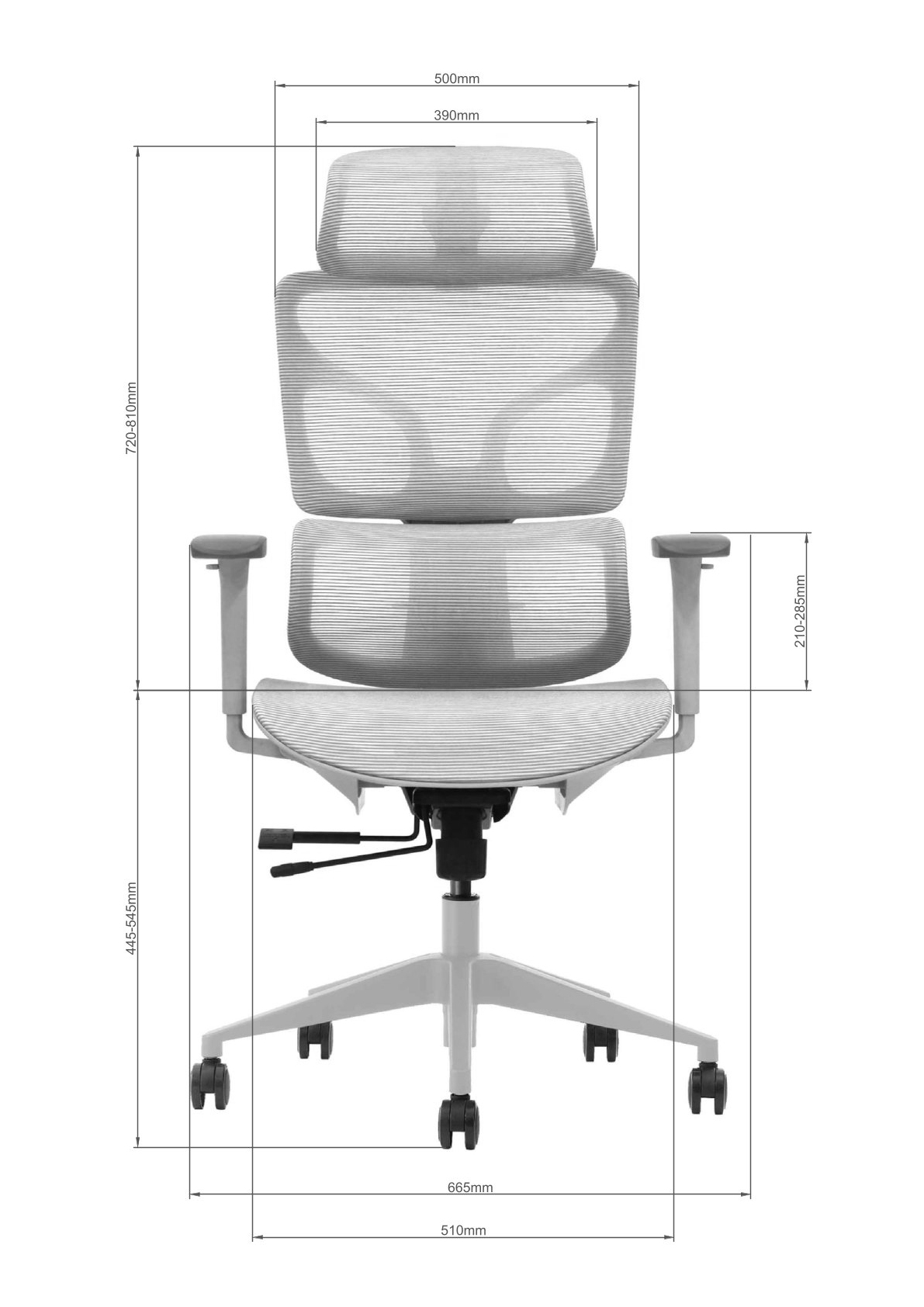 Schemat wymiarów fotela BIONIC AIR - widok przód